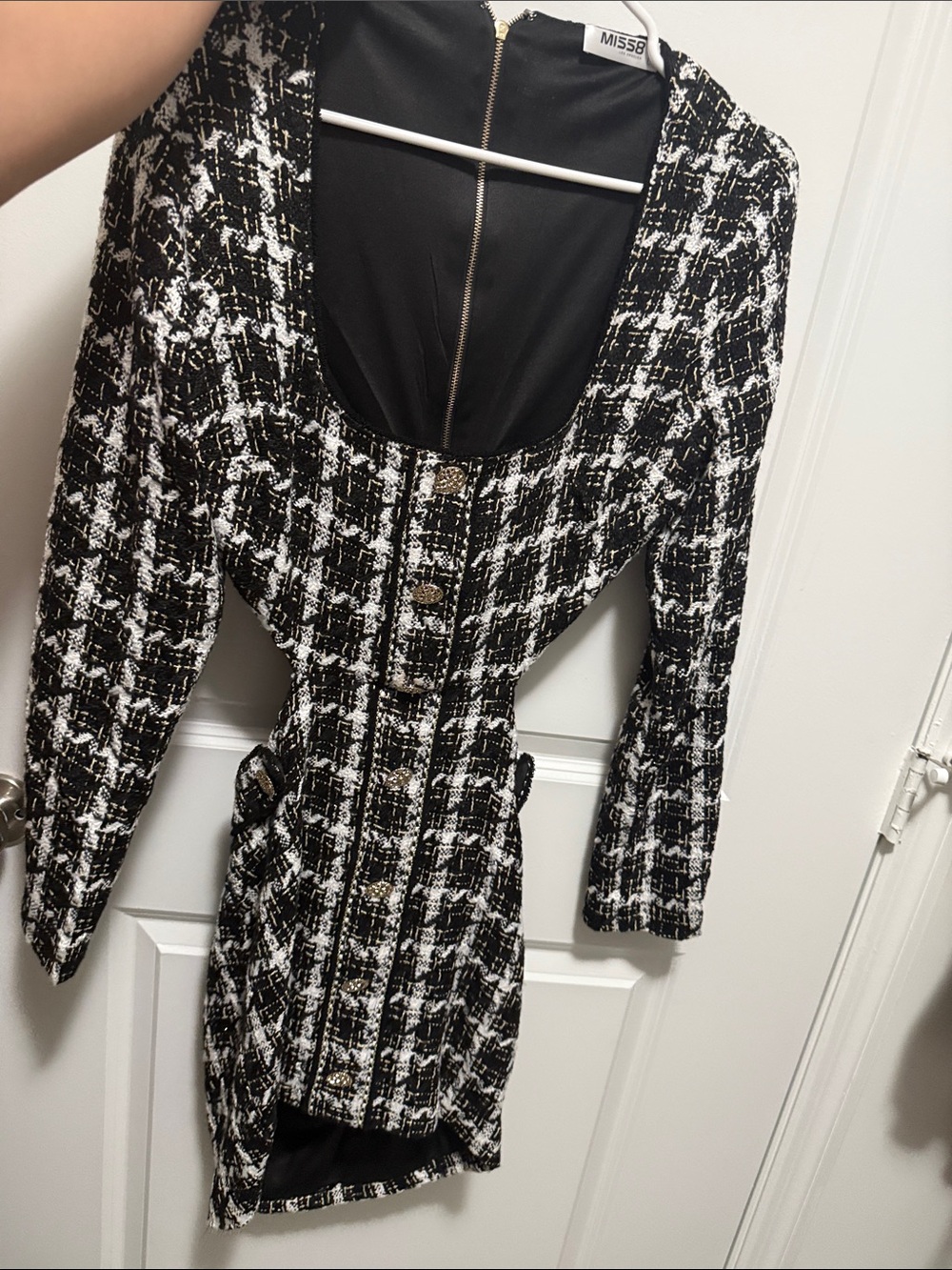 MISSGUIDED Black & White Tweed Button-Front Jacket Dress